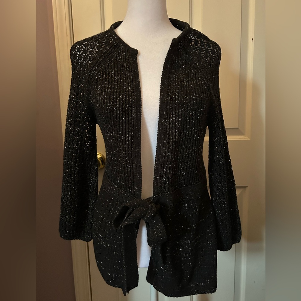 Tahari Stylish Black with Metallic Gold Thread Open Knit Cardigan Size Medium